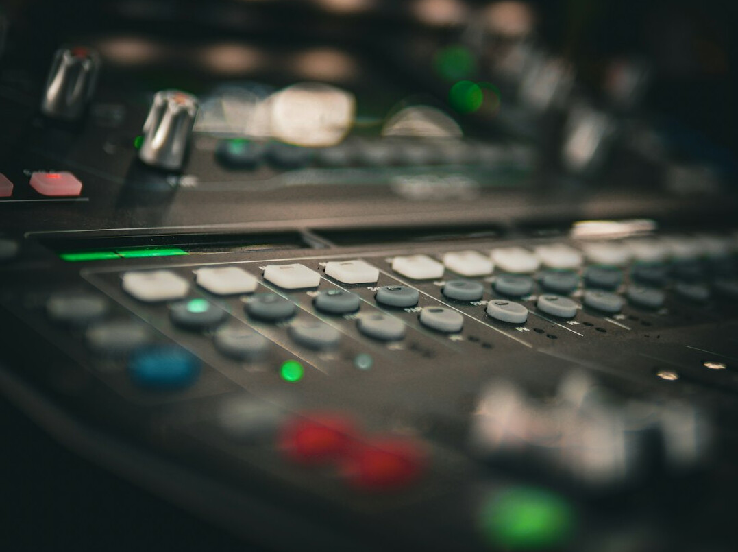 Broadcast control room with multiple video monitors